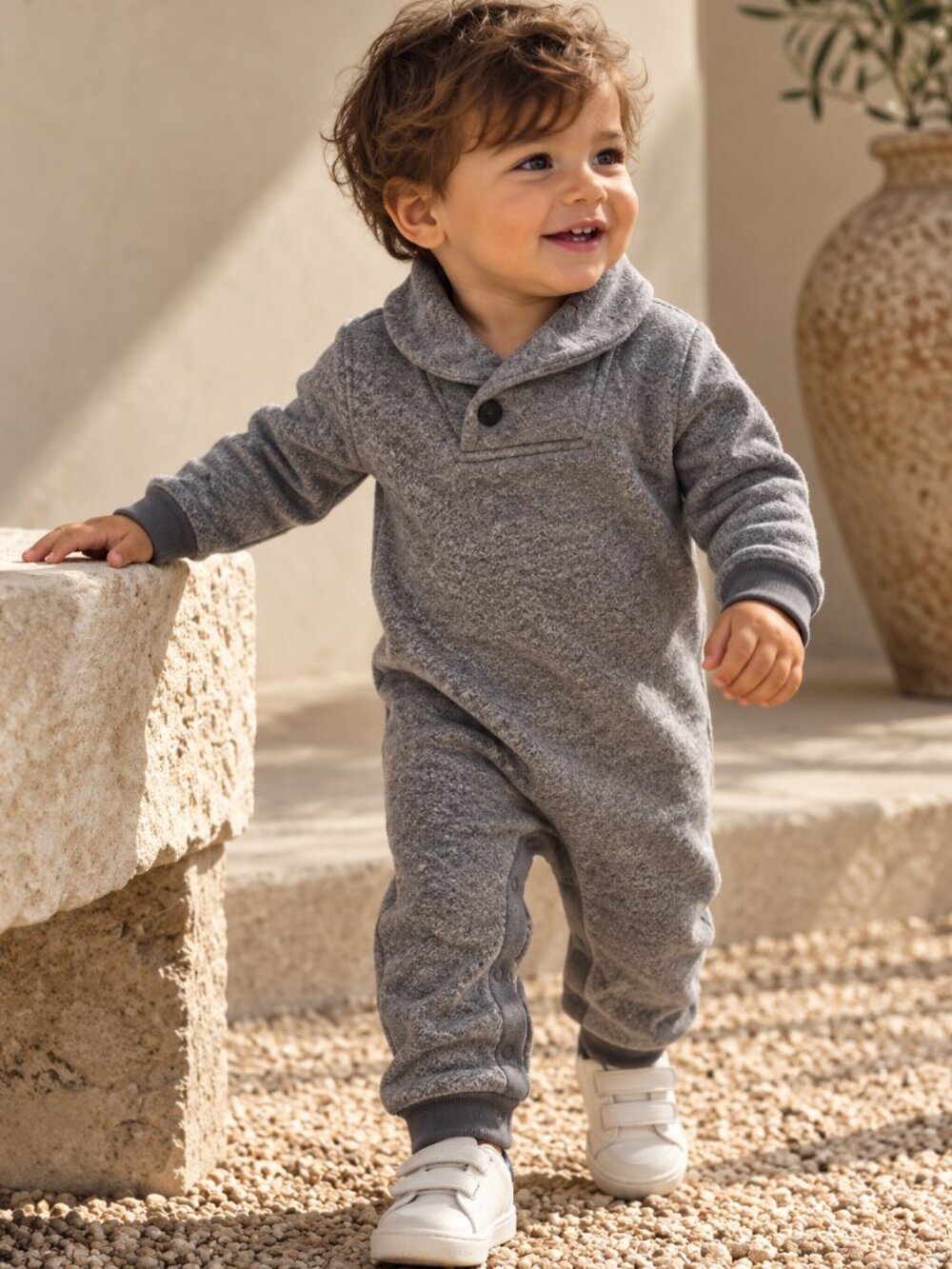 Old Navy Baby Gray Fleece Shawl Collar Romper 6-12 Months Cozy One Piece